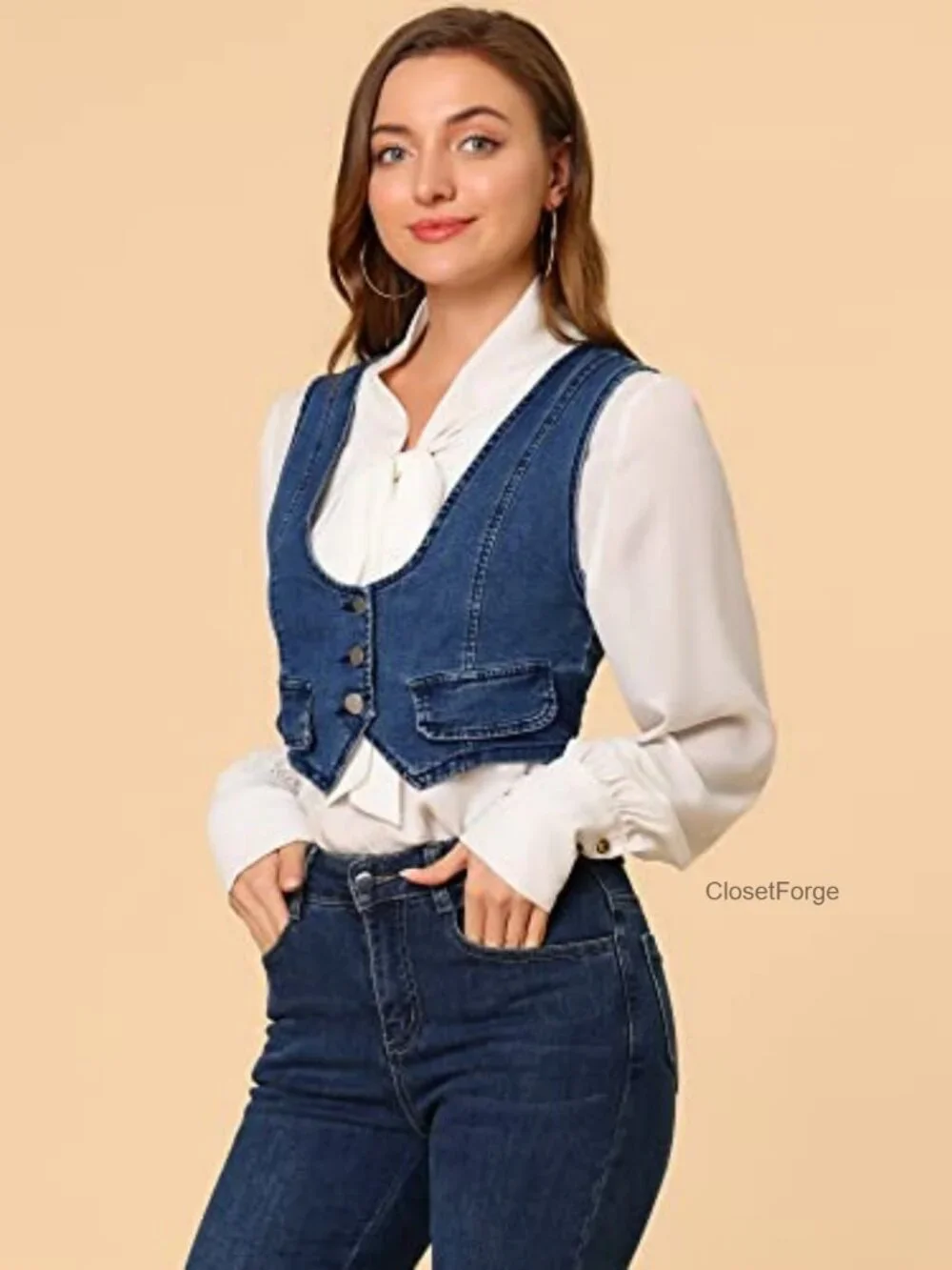 Women's Denim Vest Sleeveless Button Down Cropped Casual Jean Vest